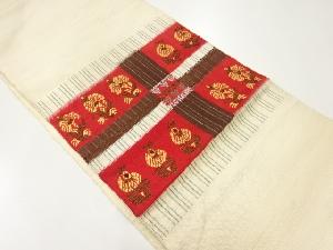 アンティーク　手織り紬格子に花模様織出し名古屋帯